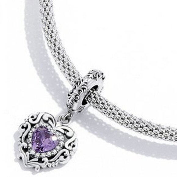 Sterling Silver Purple Heart Scrollwork Dangle Charm - Picture 2 of 4